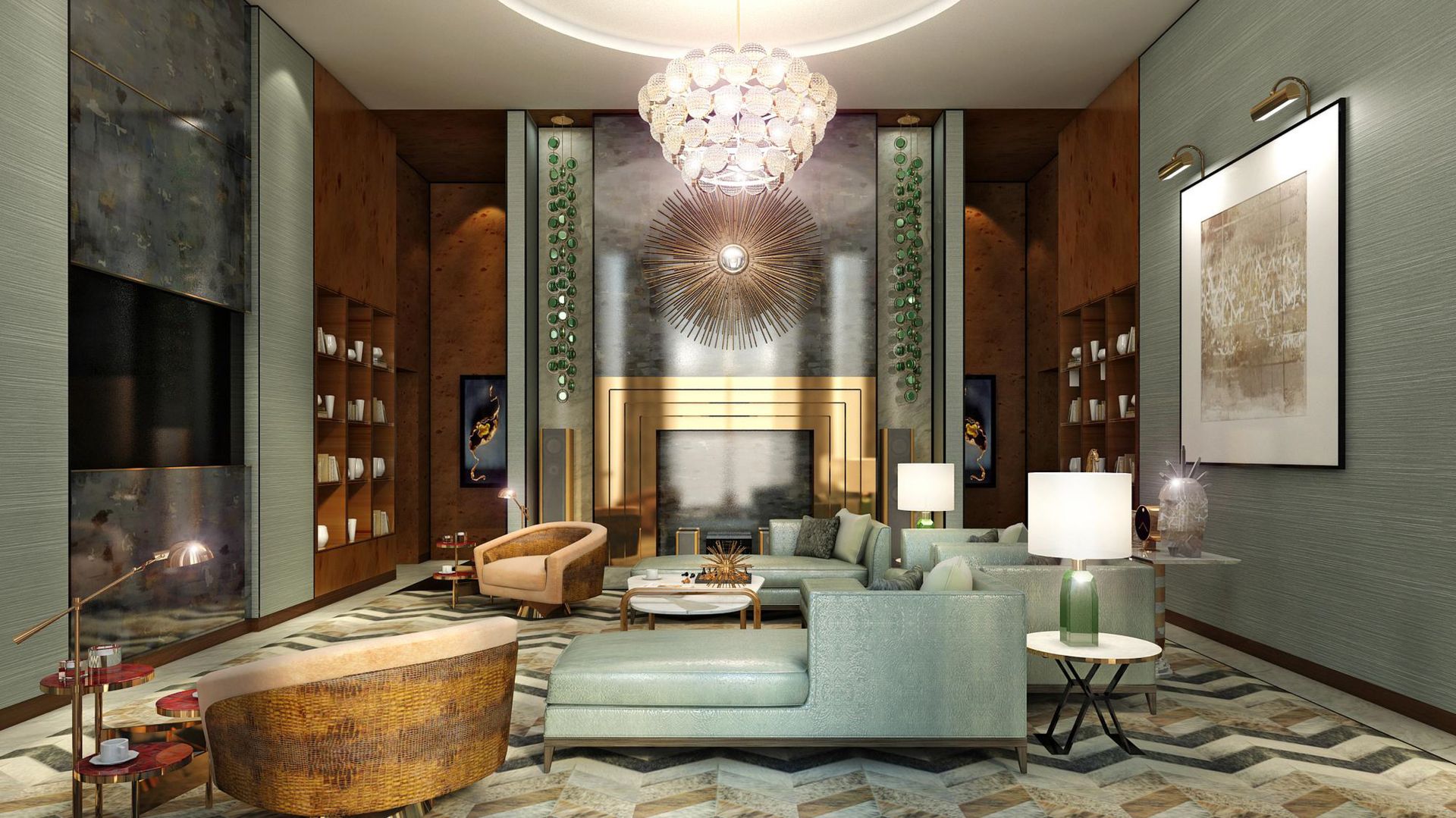 Lightinup Illuminazione Contract su Misura Lampadario bespoke a sfere di cristallo nel salotto di una master suite
