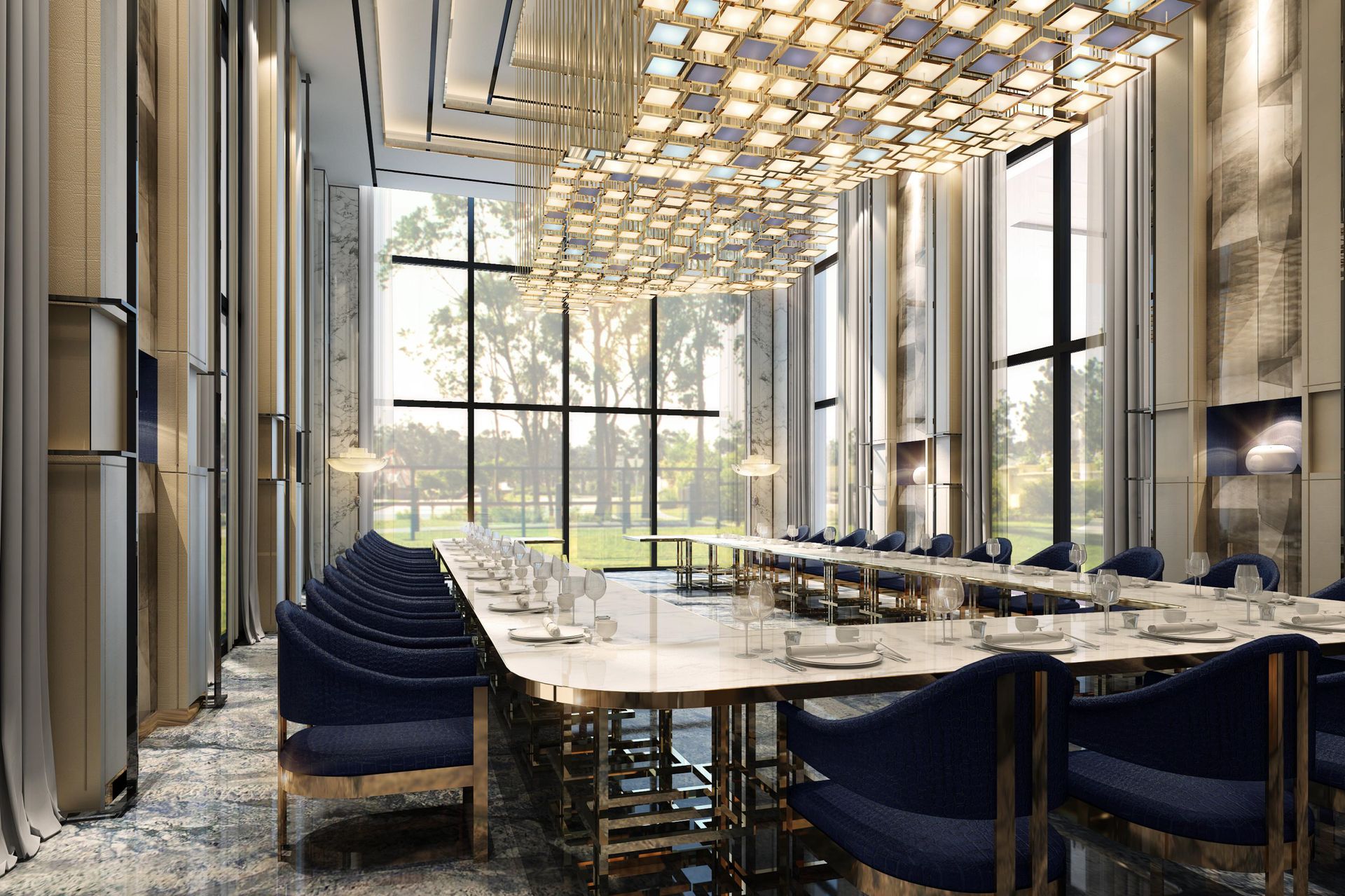 Lightinup Illuminazione Contract su Misura Lampadario bespoke a griglia dorata sopra una sala da pranzo formale