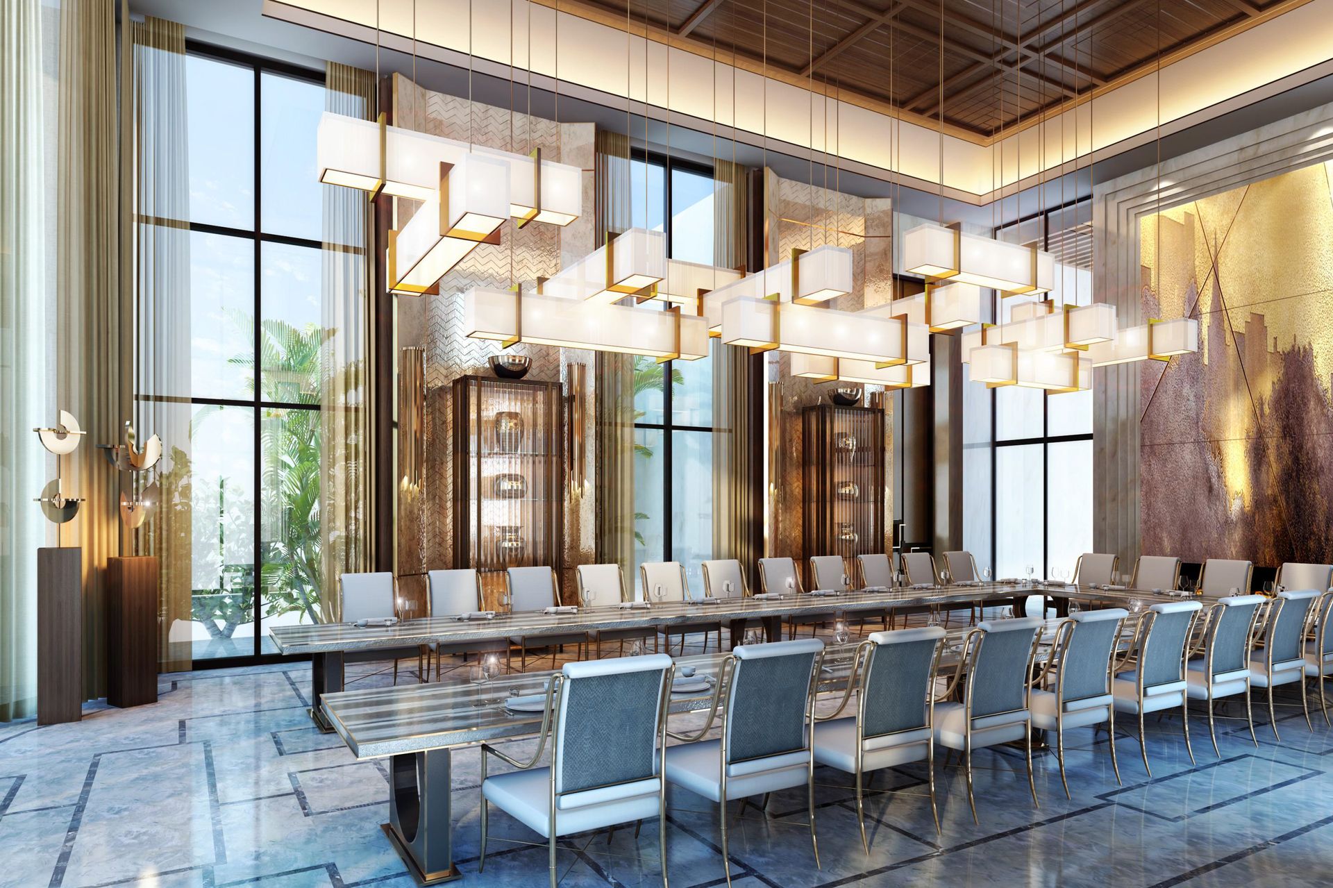 Lightinup Illuminazione Contract su Misura Composizione bespoke di sospensioni rettangolari sopra un tavolo da pranzo lungo