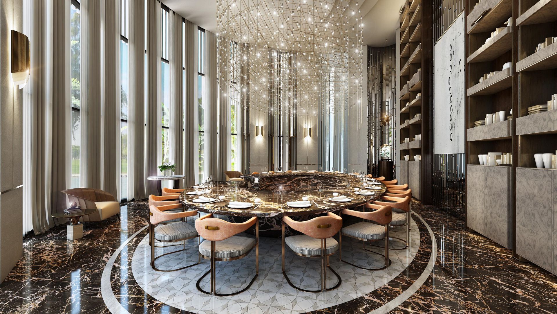 Lightinup Illuminazione Contract su Misura Cielo di luci bespoke sospeso sopra un tavolo rotondo in marmo