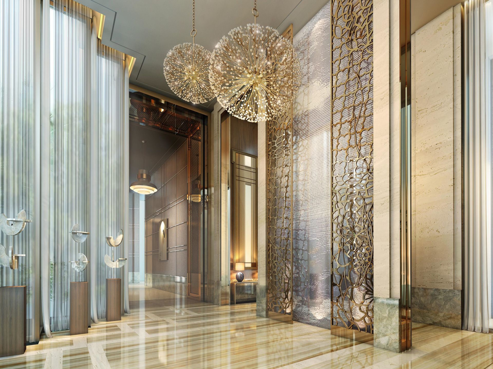 Lightinup Illuminazione Contract su Misura Due lampadari bespoke a sfera dorata nella hall d'ingresso