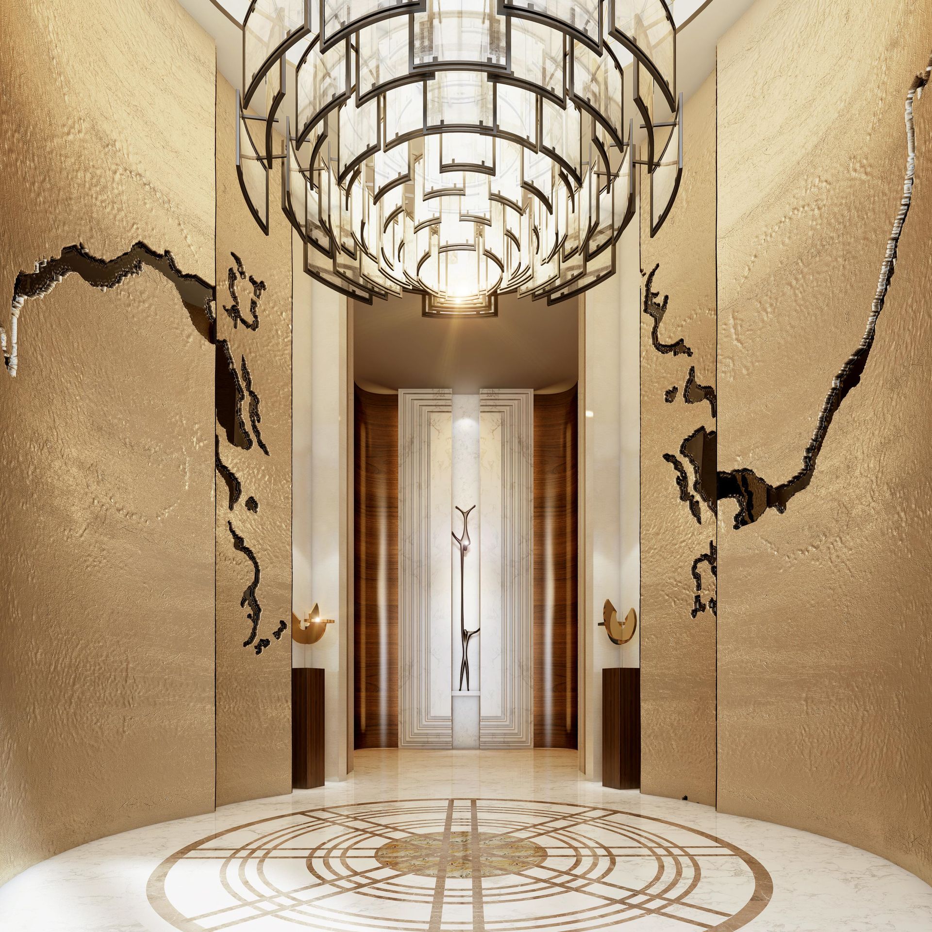 Lightinup Illuminazione Contract su Misura Lampadario bespoke a tamburo in bronzo e vetro nell'ingresso di un majlis