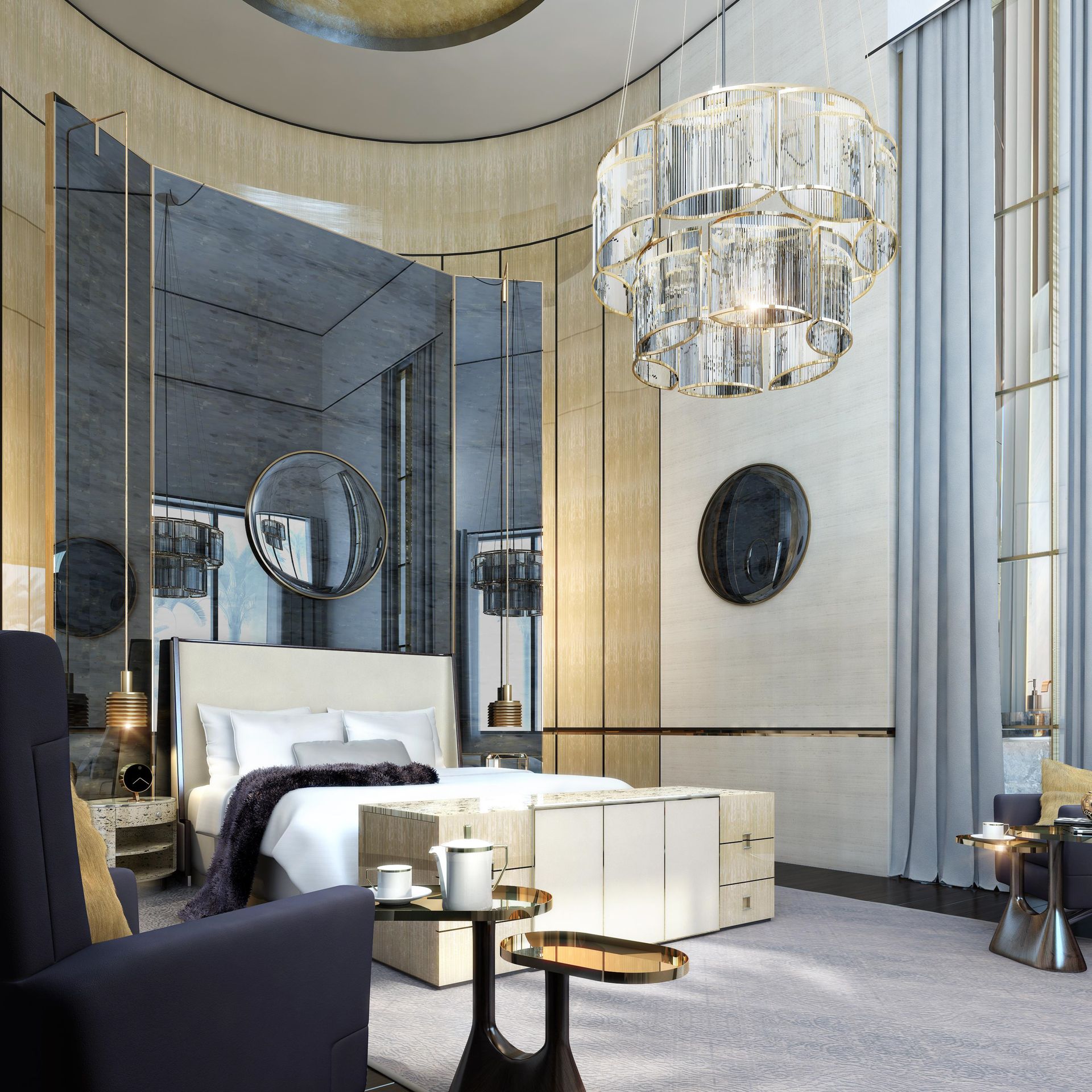 Lightinup Illuminazione ff&e su Misura Lampadario bespoke circolare in vetro e ottone in una camera per ospiti