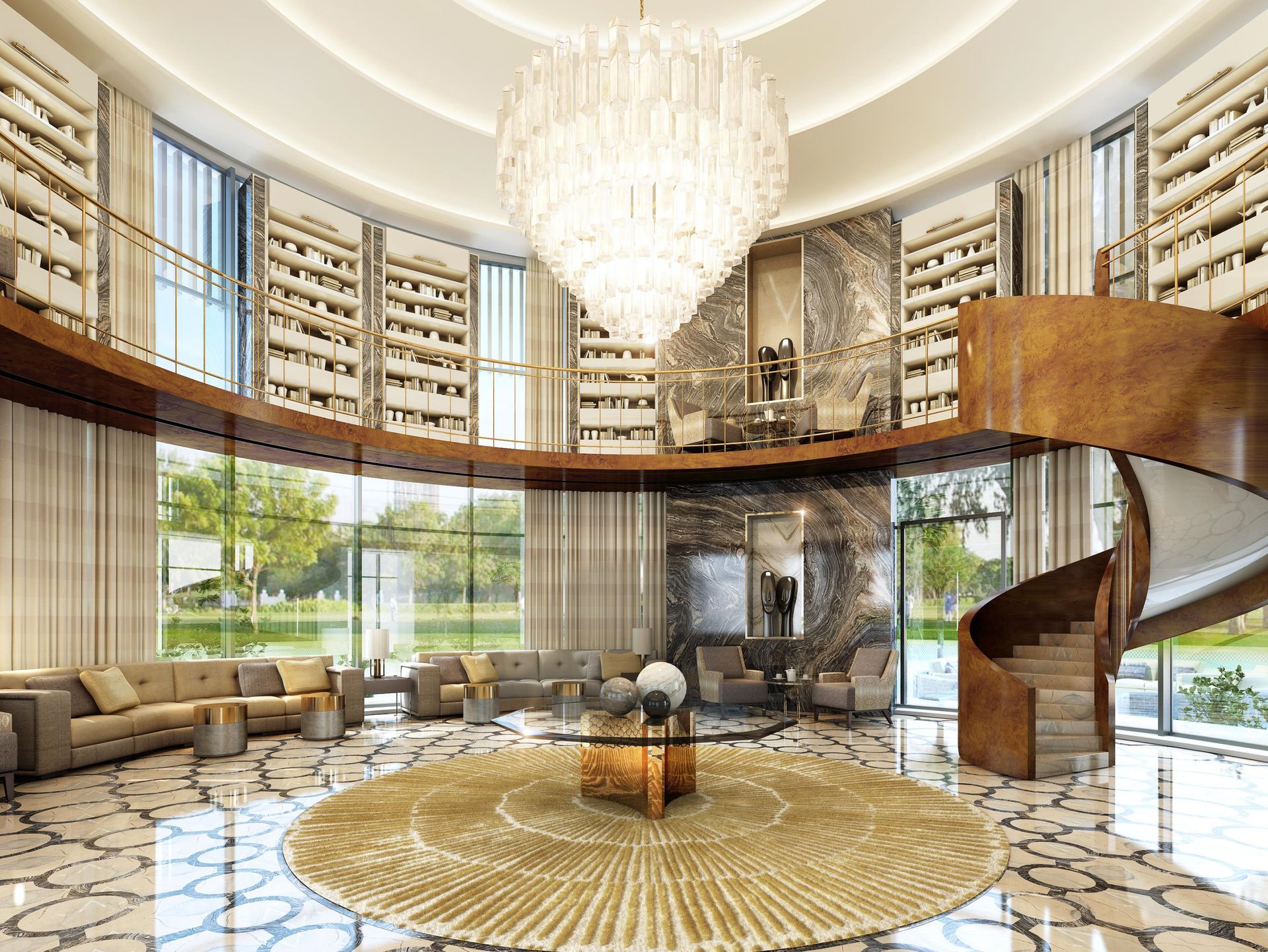 Lightinup Illuminazione ff&e su Misura Lampadario bespoke in cristallo a cascata nella rotonda di una biblioteca a doppia altezza