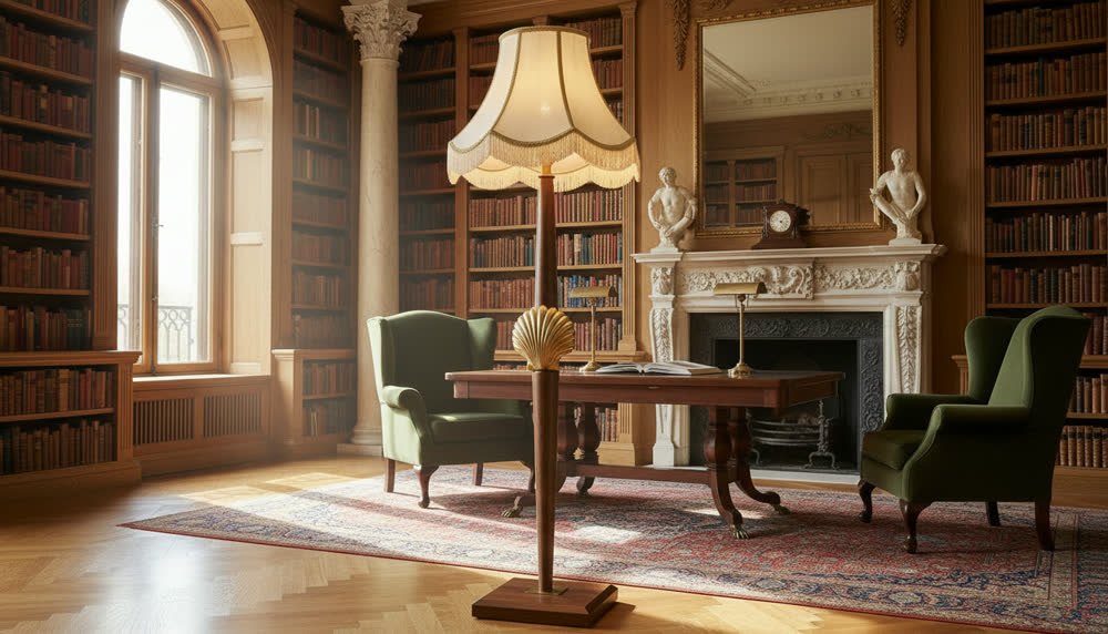 Lampada da terra ARCO, progetto su misura, in una biblioteca con poltrona